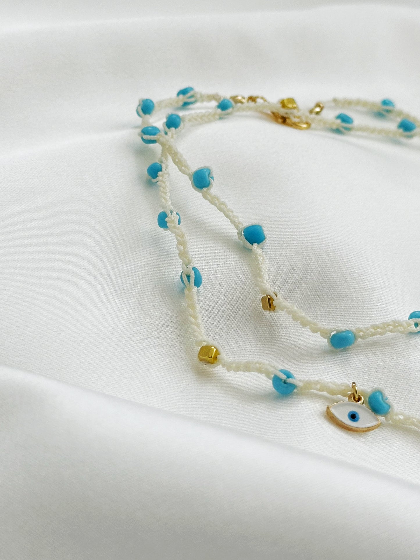 Hamsa Choker Makramee gehäkelt | Boho Halskette Evil Eye blau weiß handgemacht