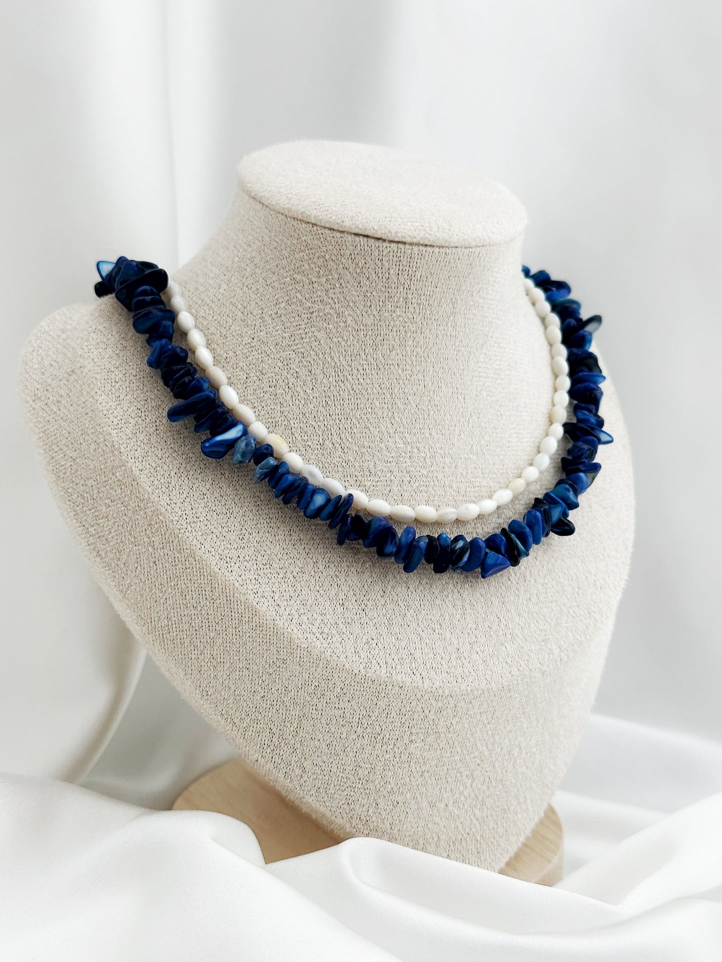 Luna Mare Lapislazuli Perlmutt Kette Edelstahl – 2er Layering Halskette Blau Weiß