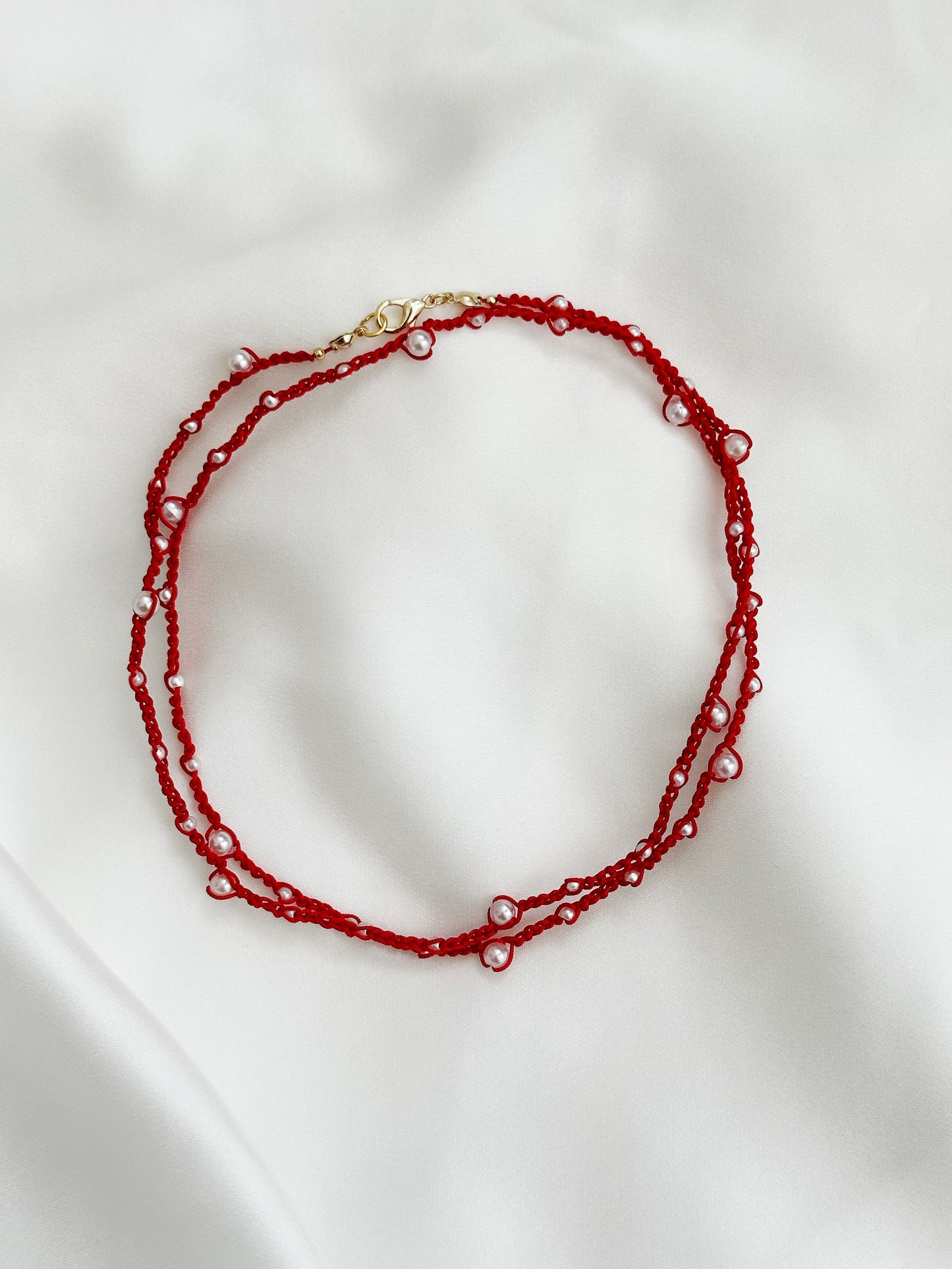 Boho Pearl Kette Makramee gehäkelt | Perlenkette rot beige handgemacht Choker