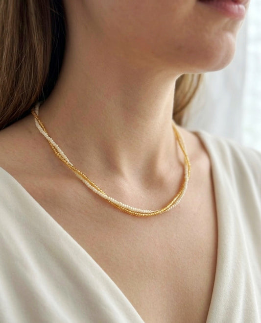 Doppelreihige Perlenkette Ivory Champagne – Choker Glasperlen Gold Damen