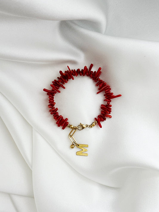 Rosso Mare Korallen Armband Edelstahl Personalisiert – Buchstabe Wählbar Rot Gold
