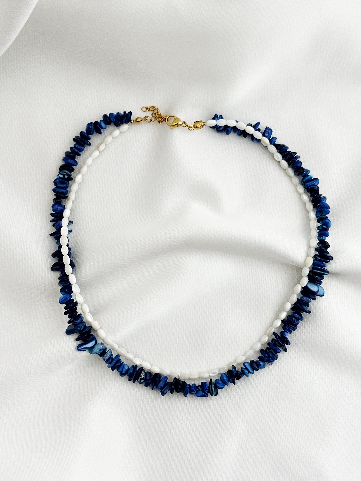 Luna Mare Lapislazuli Perlmutt Kette Edelstahl – 2er Layering Halskette Blau Weiß