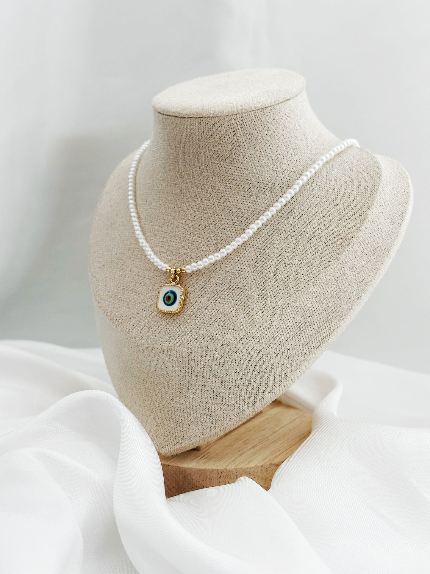 Perlenkette Nazar Auge Quadratisch – Evil Eye Anhänger Kunstperlen Gold