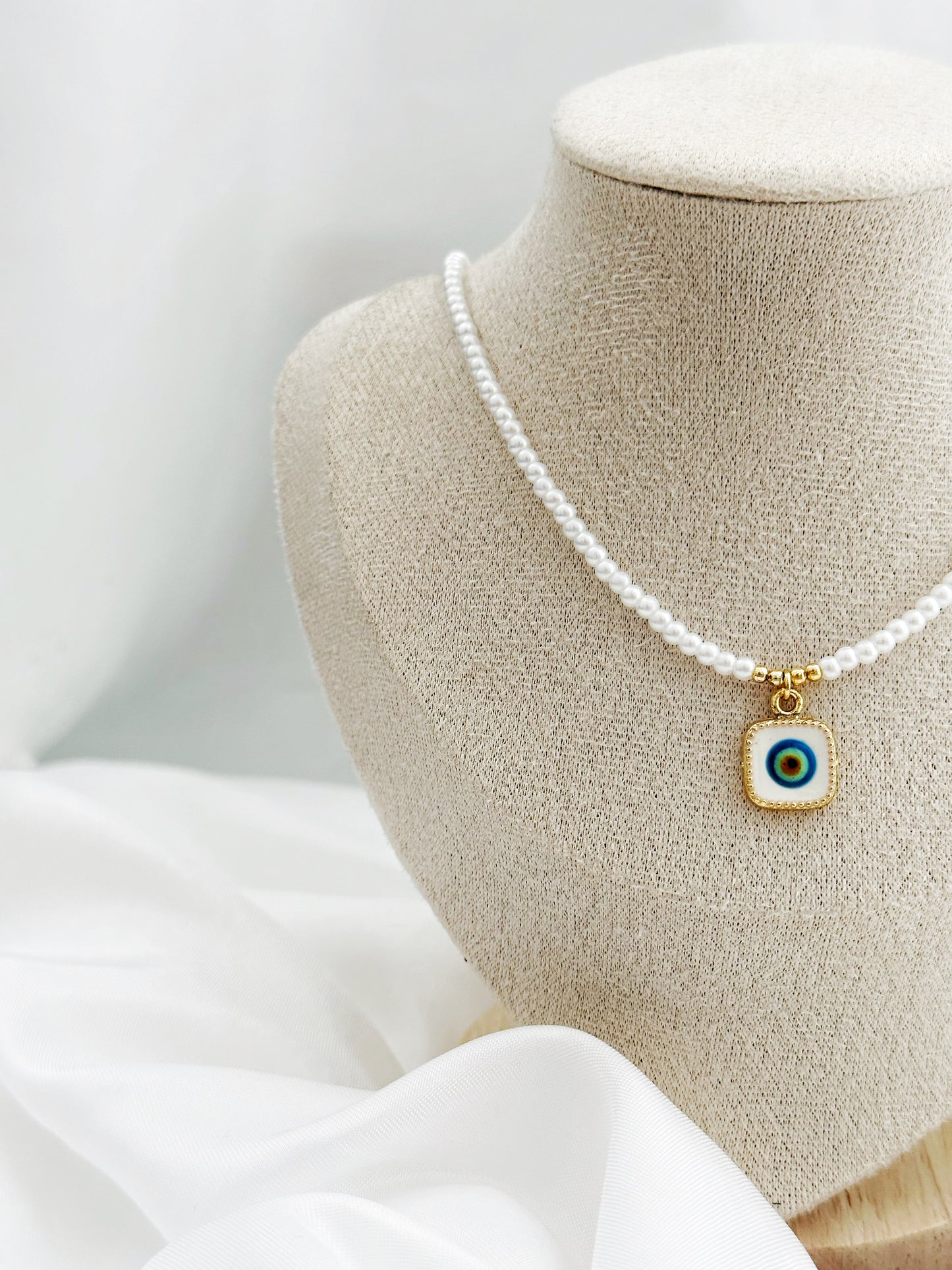 Perlenkette Nazar Auge Quadratisch – Evil Eye Anhänger Kunstperlen Gold