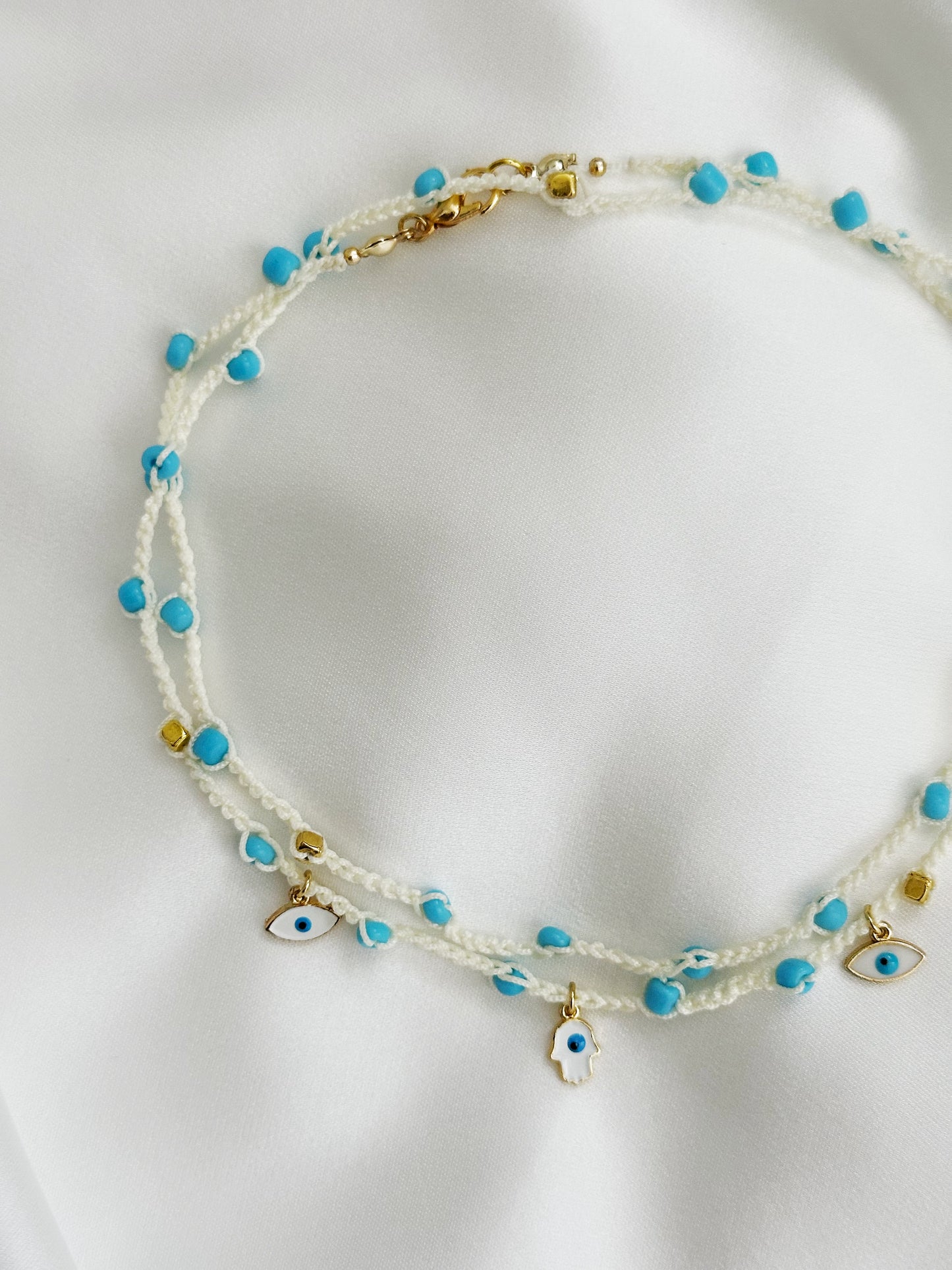 Hamsa Choker Makramee gehäkelt | Boho Halskette Evil Eye blau weiß handgemacht