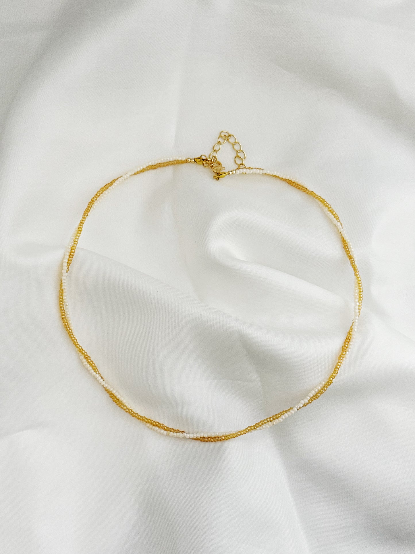 Doppelreihige Perlenkette Ivory Champagne – Choker Glasperlen Gold Damen