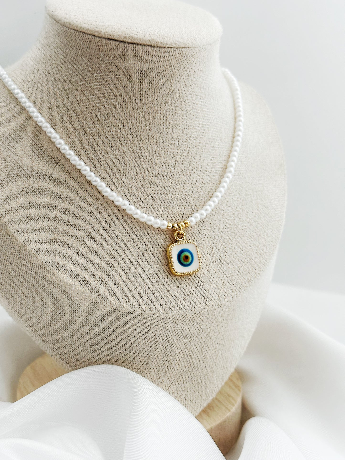 Perlenkette Nazar Auge Quadratisch – Evil Eye Anhänger Kunstperlen Gold