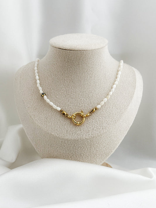 Pure Charm Perlmutt Kette Edelstahl Gold – Federring Verschluss Naturstein Halskette