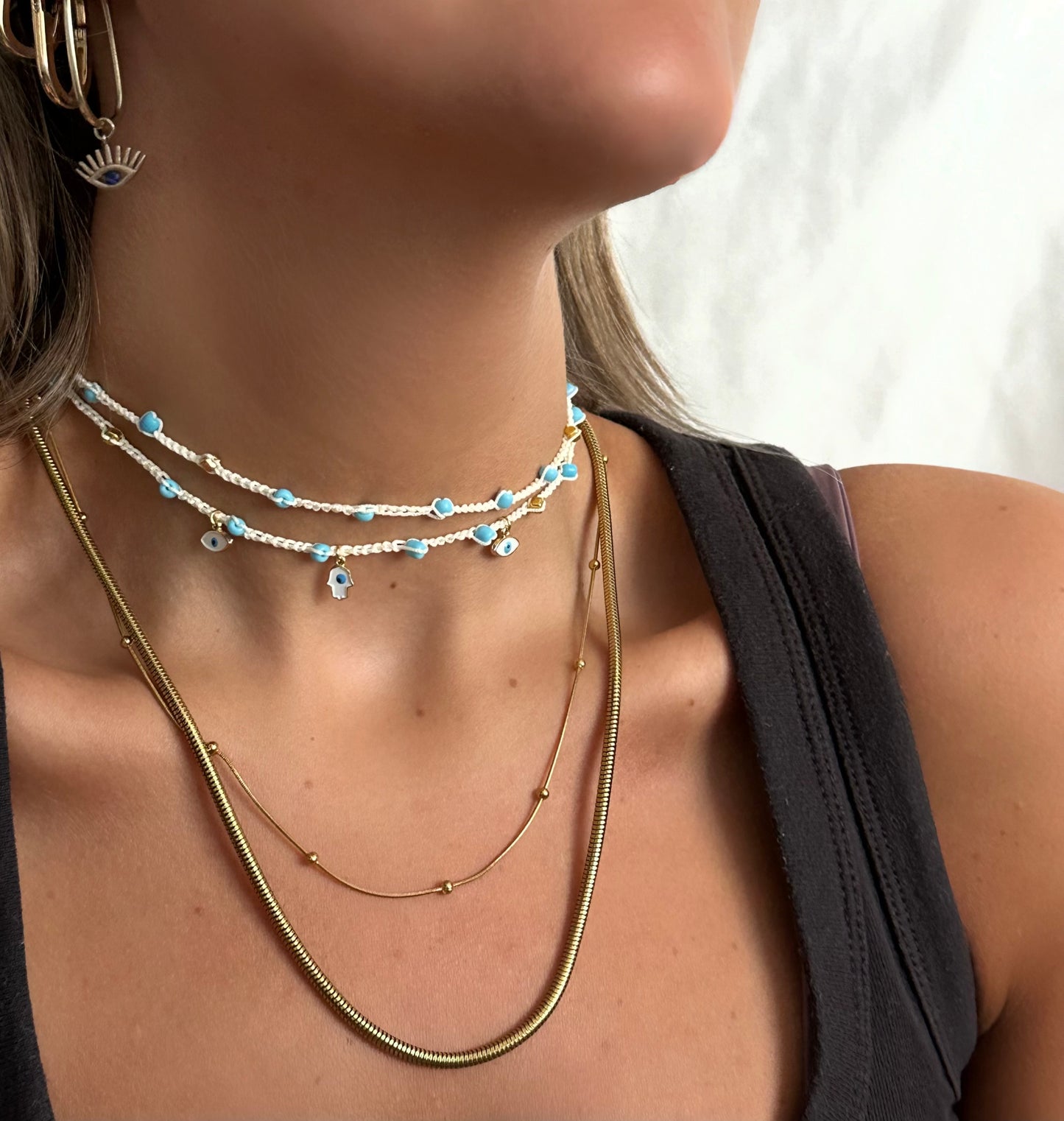 Hamsa Choker Makramee gehäkelt | Boho Halskette Evil Eye blau weiß handgemacht
