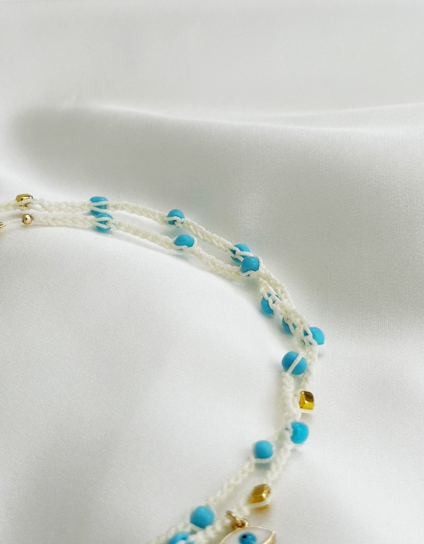 Hamsa Choker Makramee gehäkelt | Boho Halskette Evil Eye blau weiß handgemacht