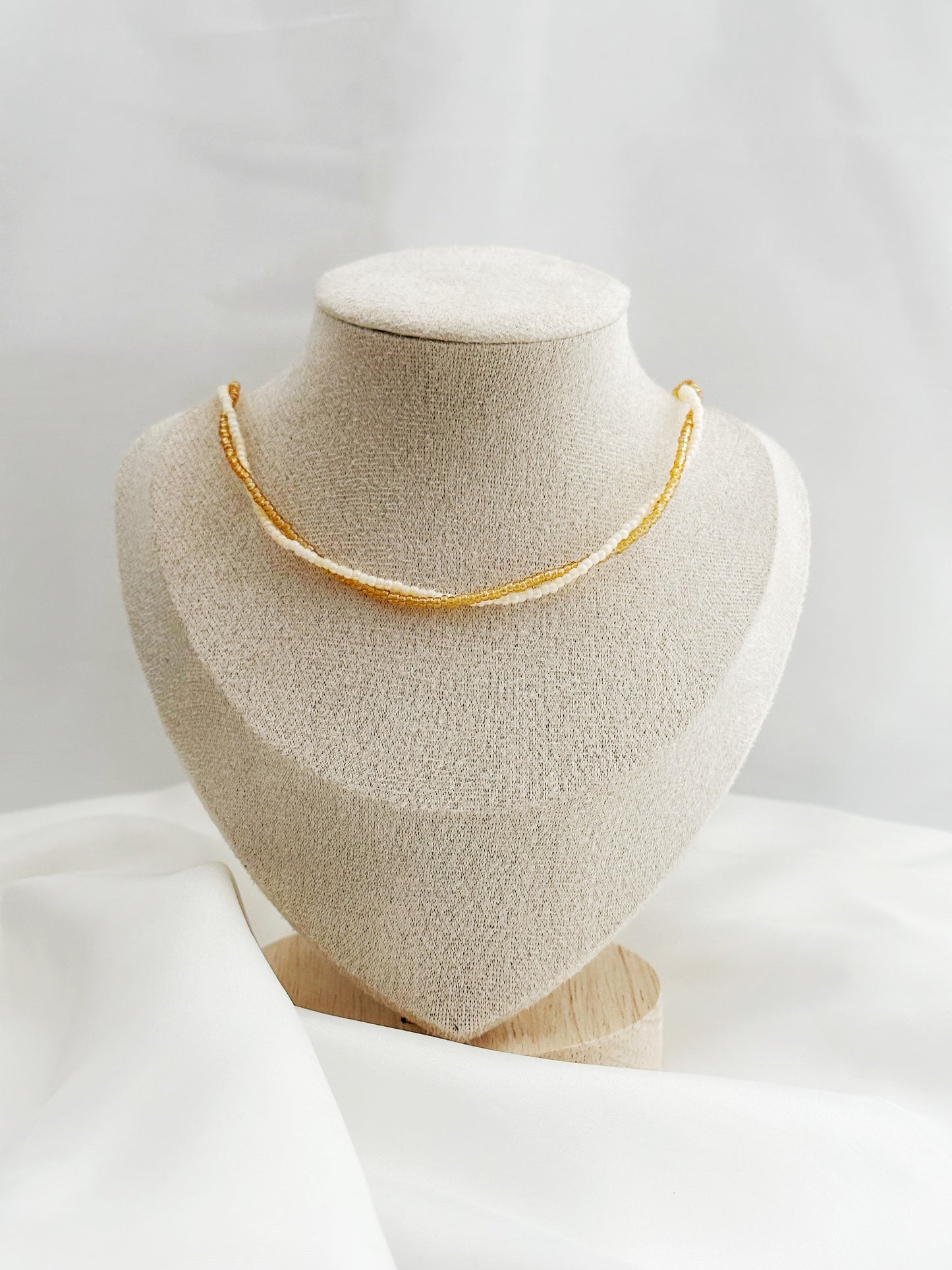Doppelreihige Perlenkette Ivory Champagne – Choker Glasperlen Gold Damen