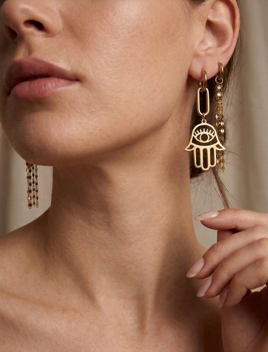 Hamsa Ohrringe Gold Asymmetrisch – Edelstahl Schutzohrringe Damen