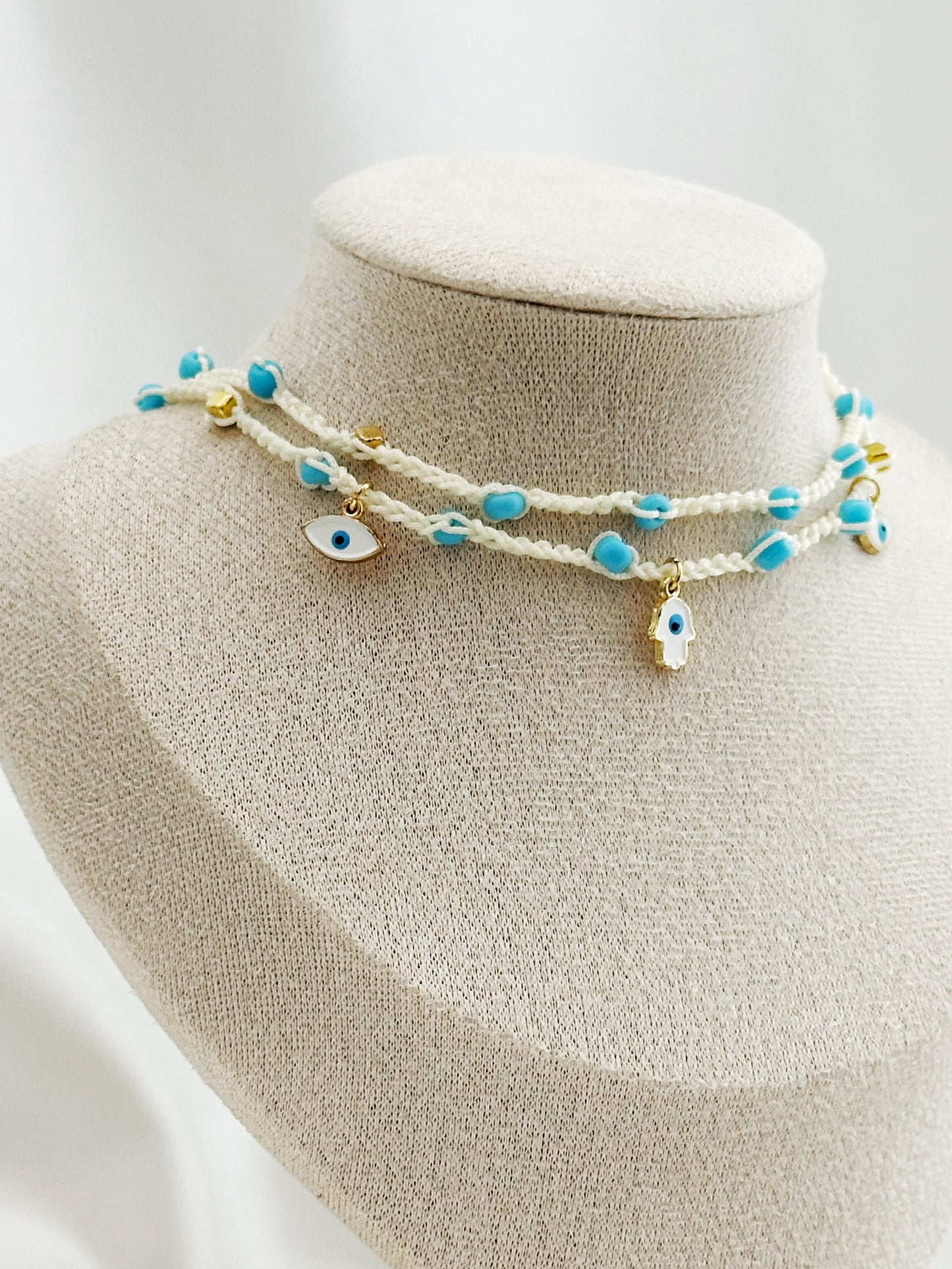 Hamsa Choker Makramee gehäkelt | Boho Halskette Evil Eye blau weiß handgemacht