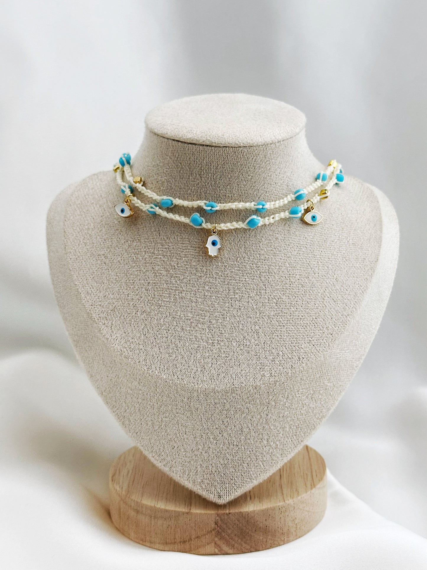 Hamsa Choker Makramee gehäkelt | Boho Halskette Evil Eye blau weiß handgemacht