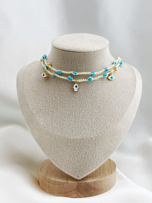 Hamsa Choker Makramee gehäkelt | Boho Halskette Evil Eye blau weiß handgemacht