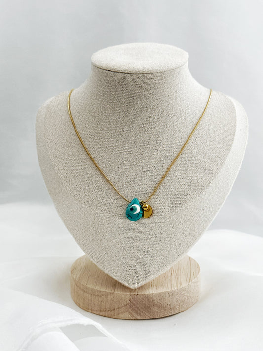 Goldene Edelstahlkette mit tropfenförmigem Türkisstein, Nazar Auge, Kugel- und Plättchenanhänger – 50 cm lang, eleganter Schutzschmuck