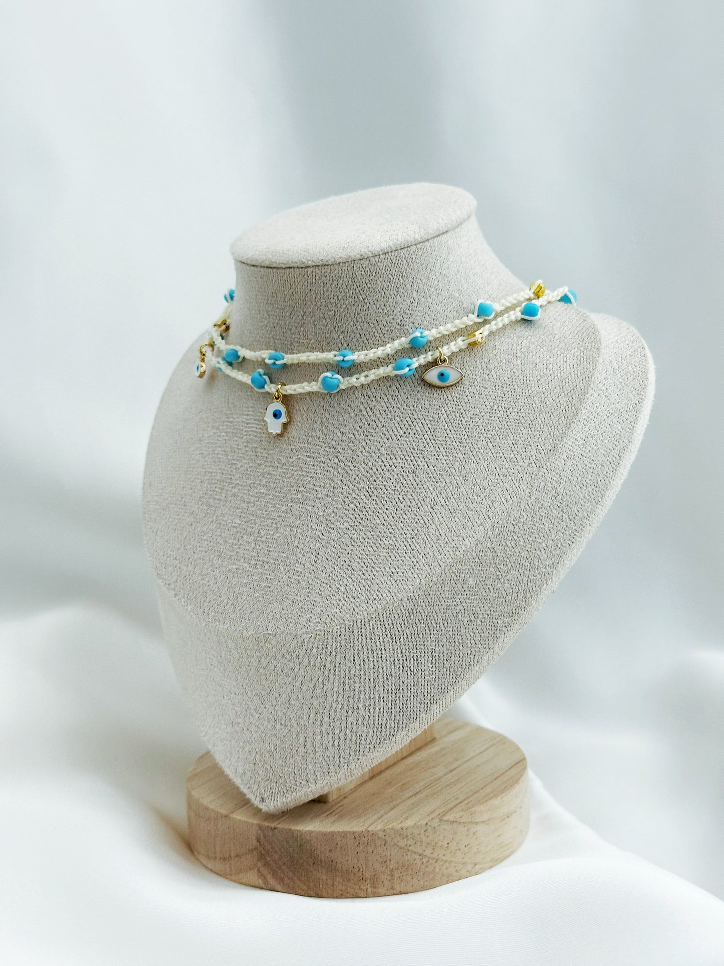 Hamsa Choker Makramee gehäkelt | Boho Halskette Evil Eye blau weiß handgemacht