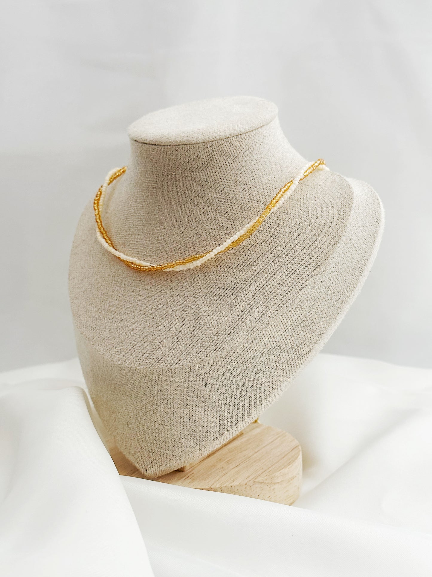 Doppelreihige Perlenkette Ivory Champagne – Choker Glasperlen Gold Damen