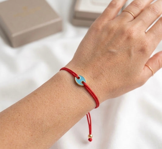 Focal Luck – Rotes Glücksarmband Seidenband Türkis Gold mit blauem Anhänger – Focal Luck Schutzarmband