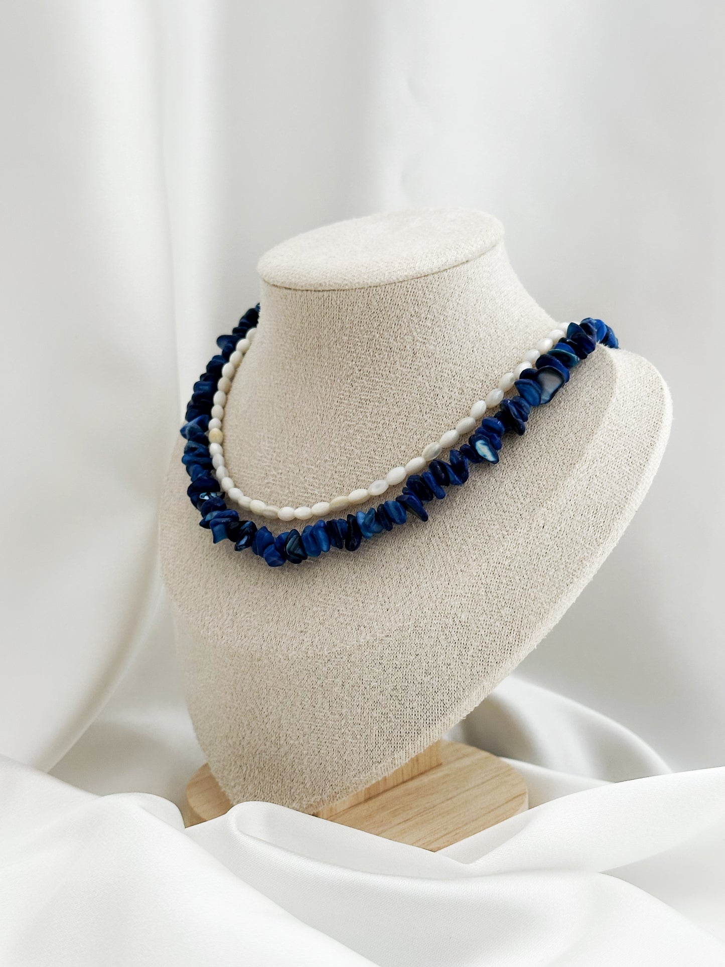 Luna Mare Lapislazuli Perlmutt Kette Edelstahl – 2er Layering Halskette Blau Weiß