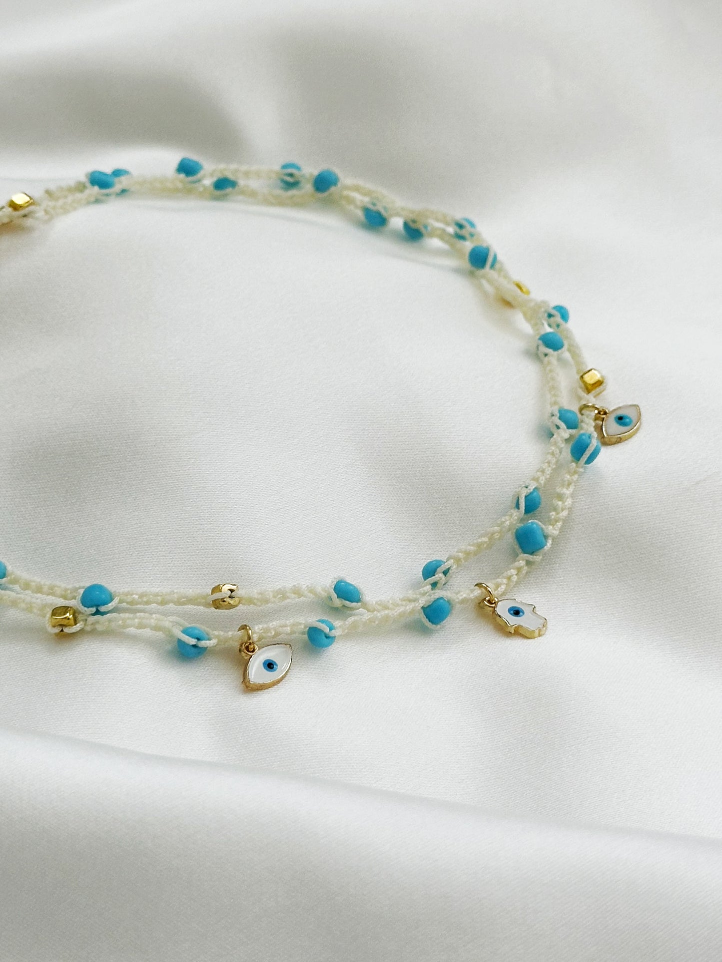 Hamsa Choker Makramee gehäkelt | Boho Halskette Evil Eye blau weiß handgemacht
