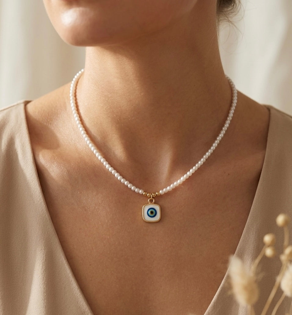 Perlenkette Nazar Auge Quadratisch – Evil Eye Anhänger Kunstperlen Gold