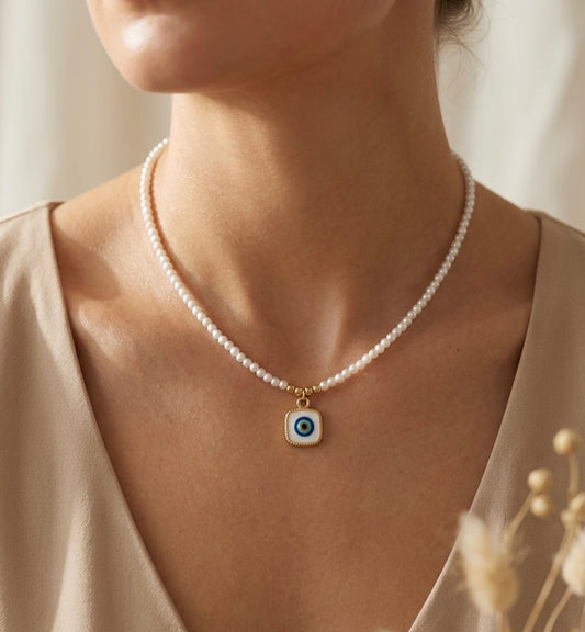 Perlenkette Nazar Auge Quadratisch – Evil Eye Anhänger Kunstperlen Gold