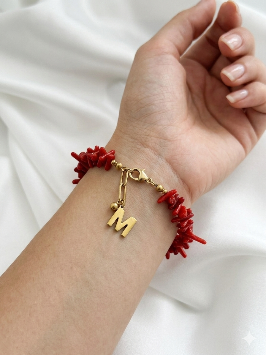 Rosso Mare Korallen Armband Edelstahl Personalisiert – Buchstabe Wählbar Rot Gold