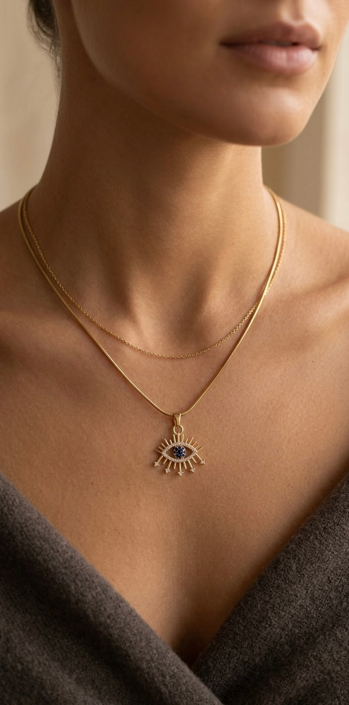 Edelstahl Layering Kette Evil Eye Zirkonia – Doppelte Schlangenkette Augen Charm Gold