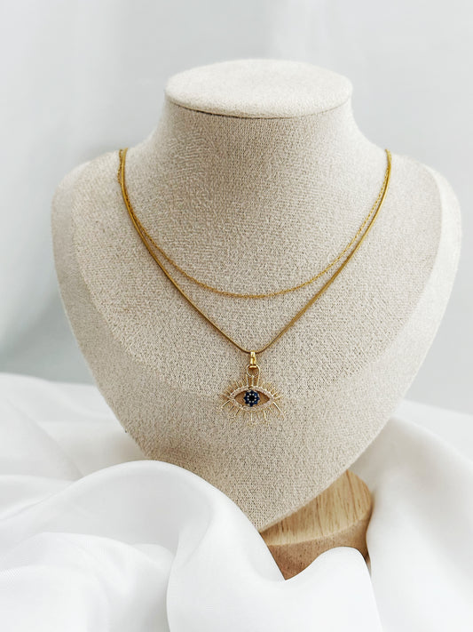 Edelstahl Layering Kette Evil Eye Zirkonia – Doppelte Schlangenkette Augen Charm Gold