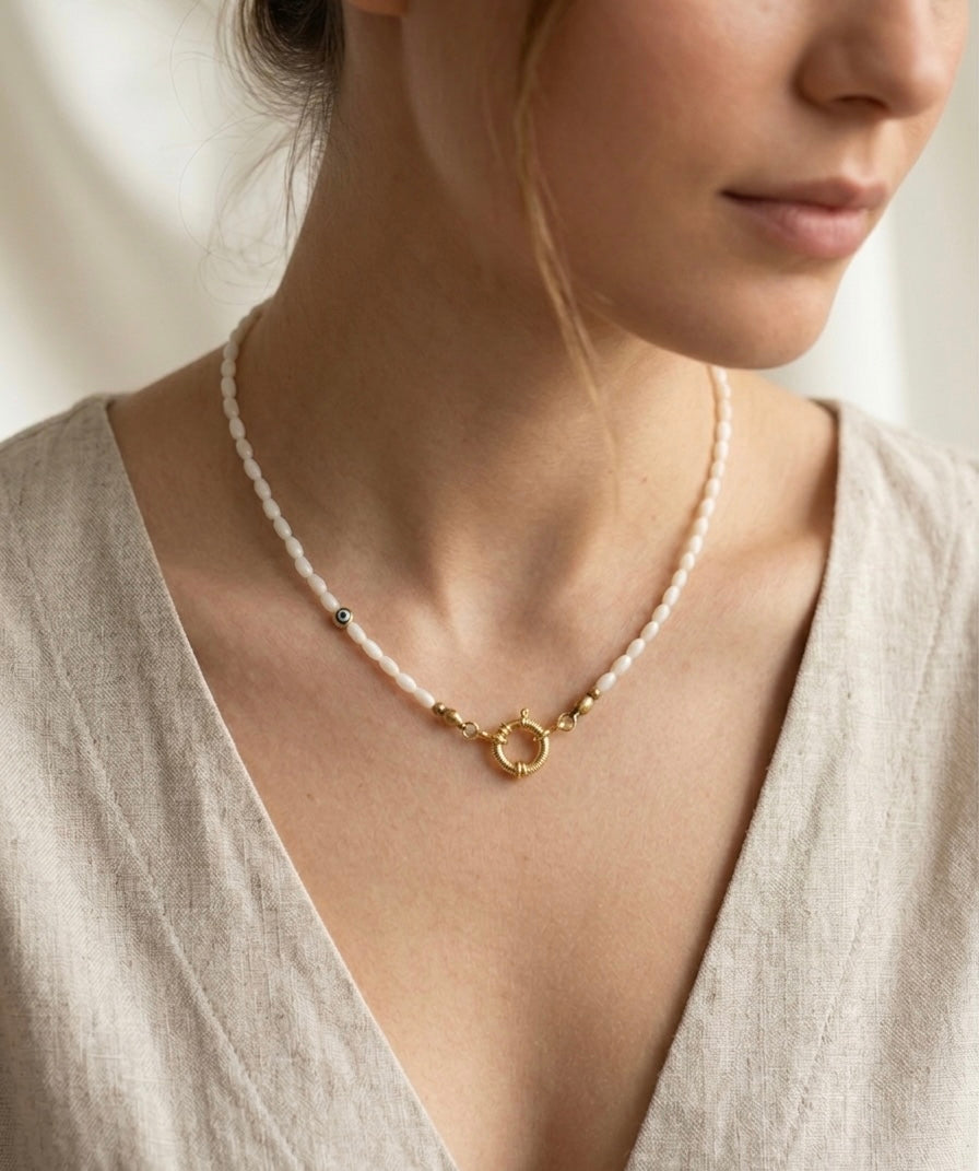 Pure Charm Perlmutt Kette Edelstahl Gold – Federring Verschluss Naturstein Halskette