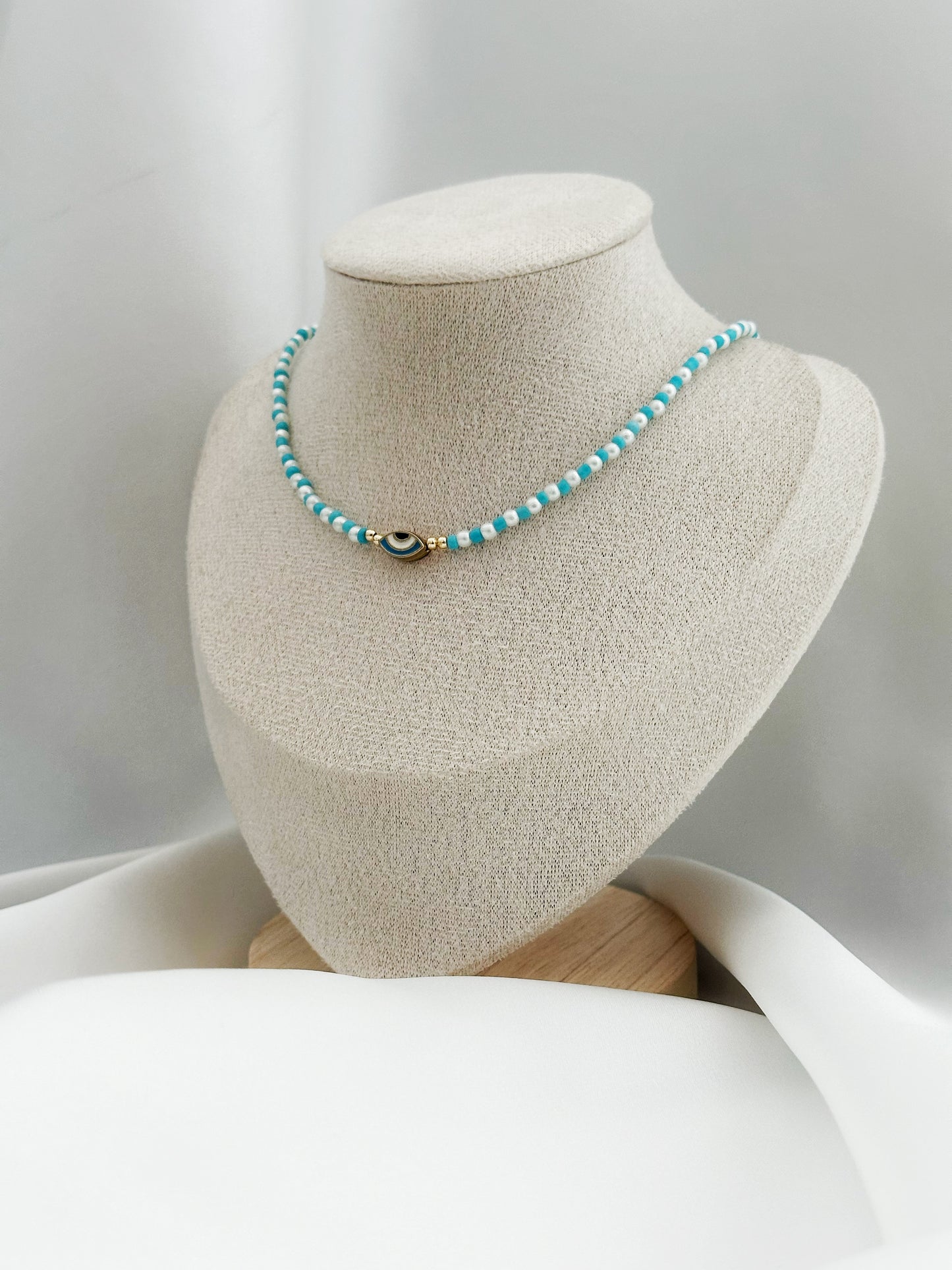 Aqua Eye Perlenkette – Türkise Perlenkette mit Nazar Auge | Evil Eye Halskette Damen