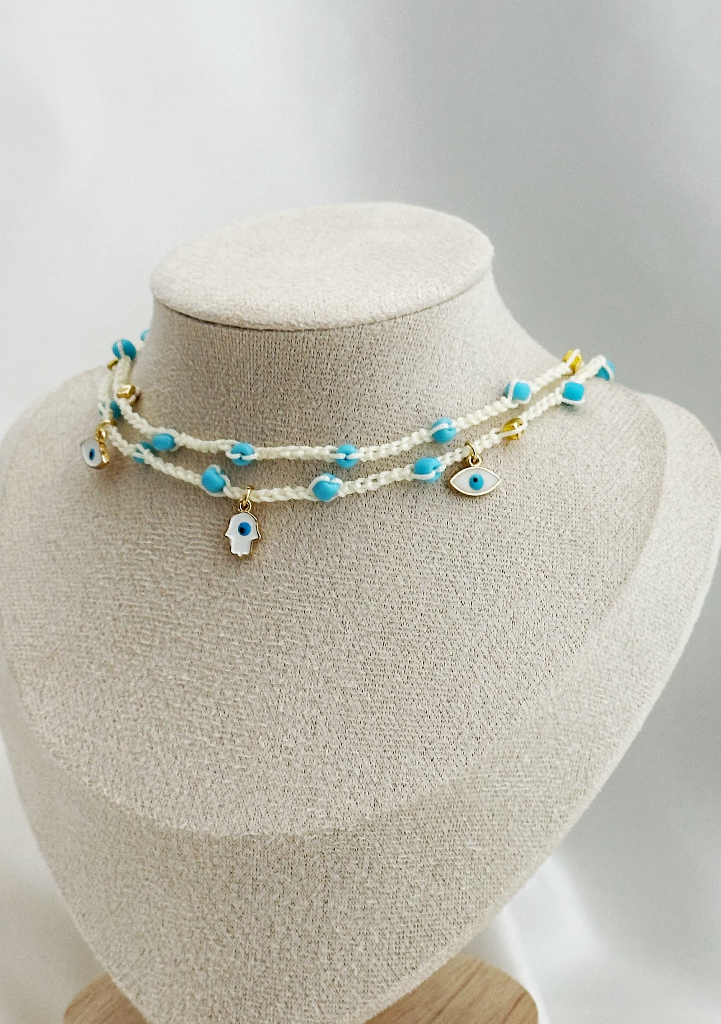 Hamsa Choker Makramee gehäkelt | Boho Halskette Evil Eye blau weiß handgemacht