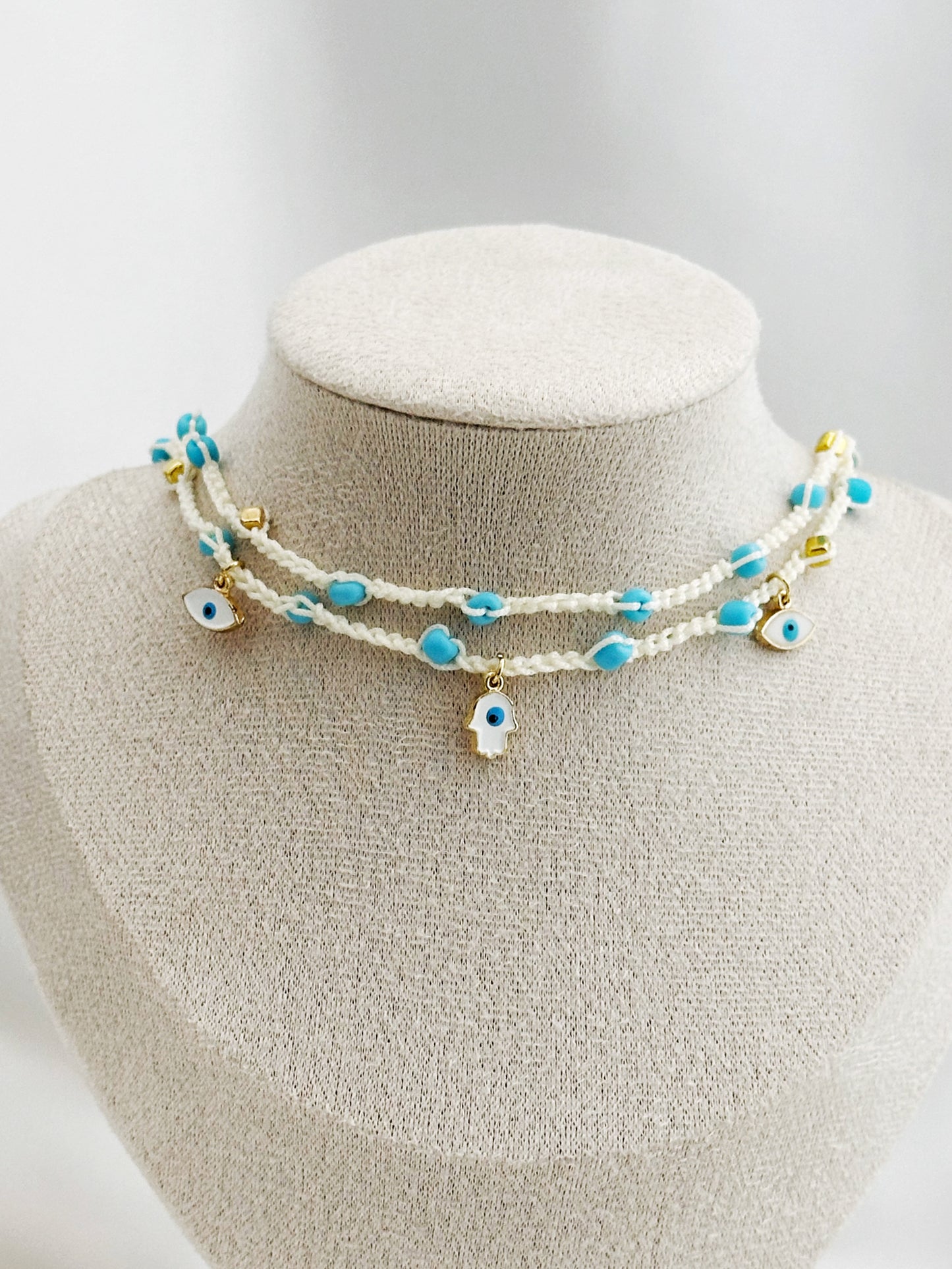 Hamsa Choker Makramee gehäkelt | Boho Halskette Evil Eye blau weiß handgemacht