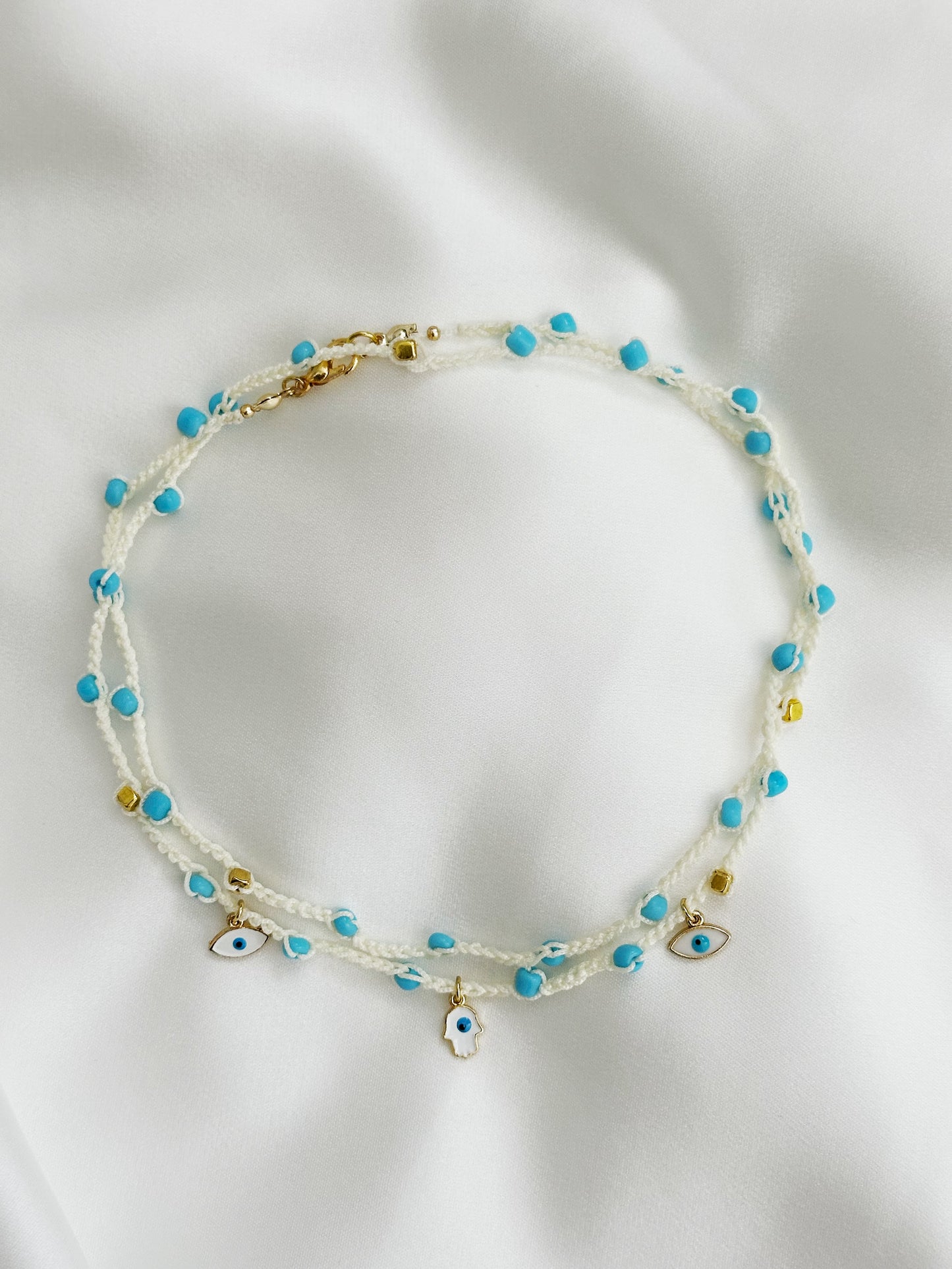 Hamsa Choker Makramee gehäkelt | Boho Halskette Evil Eye blau weiß handgemacht