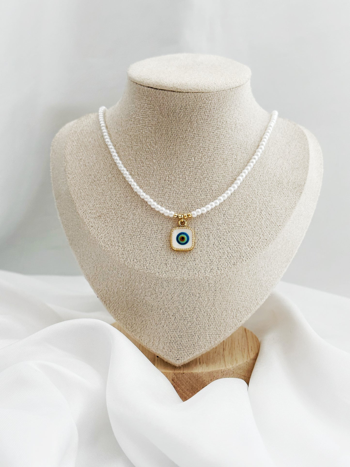 Perlenkette Nazar Auge Quadratisch – Evil Eye Anhänger Kunstperlen Gold