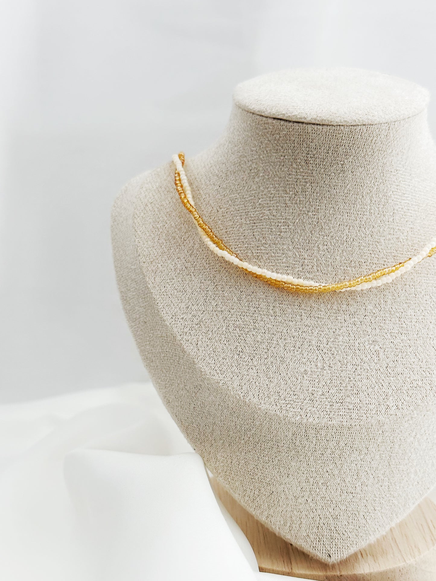 Doppelreihige Perlenkette Ivory Champagne – Choker Glasperlen Gold Damen