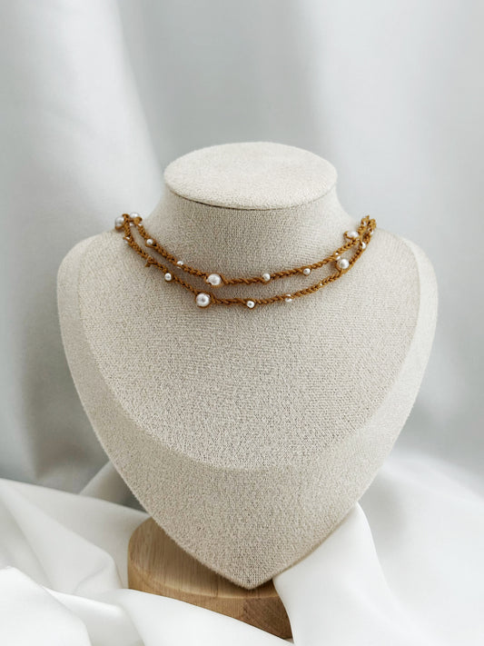 Boho Pearl Kette Makramee gehäkelt | Perlenkette rot beige handgemacht Choker
