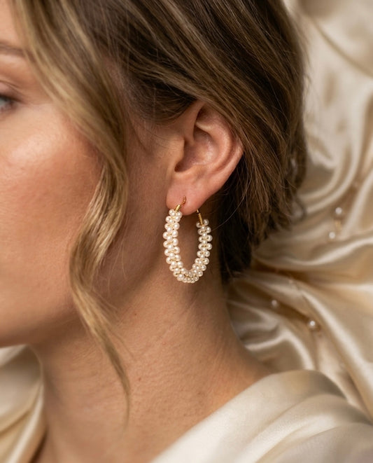 Pearl Loop Perlen Creolen Gold Groß – Edelstahl Ohrringe Hochzeit Braut