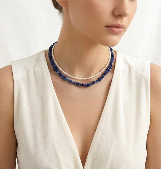Luna Mare Lapislazuli Perlmutt Kette Edelstahl – 2er Layering Halskette Blau Weiß