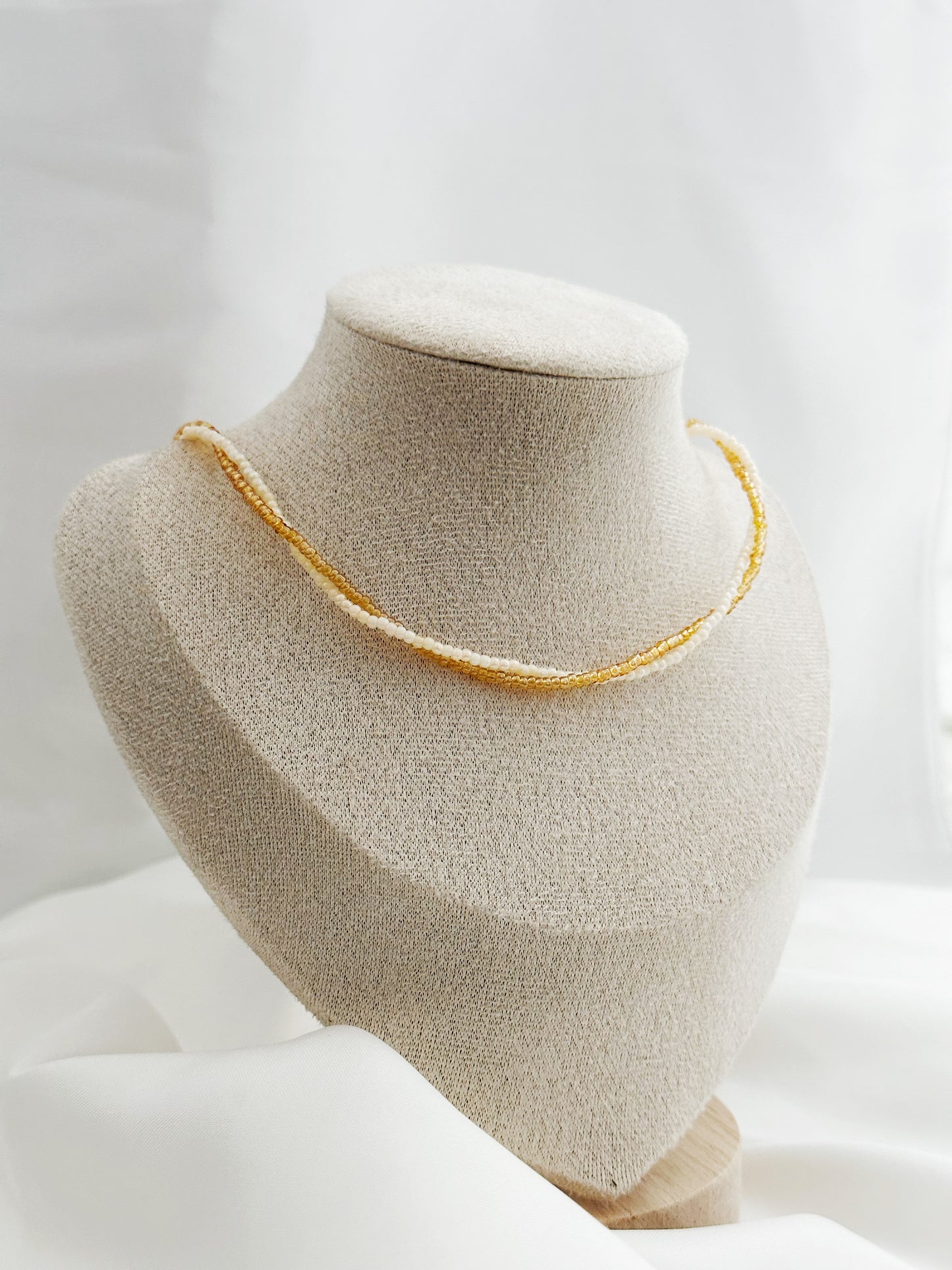 Doppelreihige Perlenkette Ivory Champagne – Choker Glasperlen Gold Damen