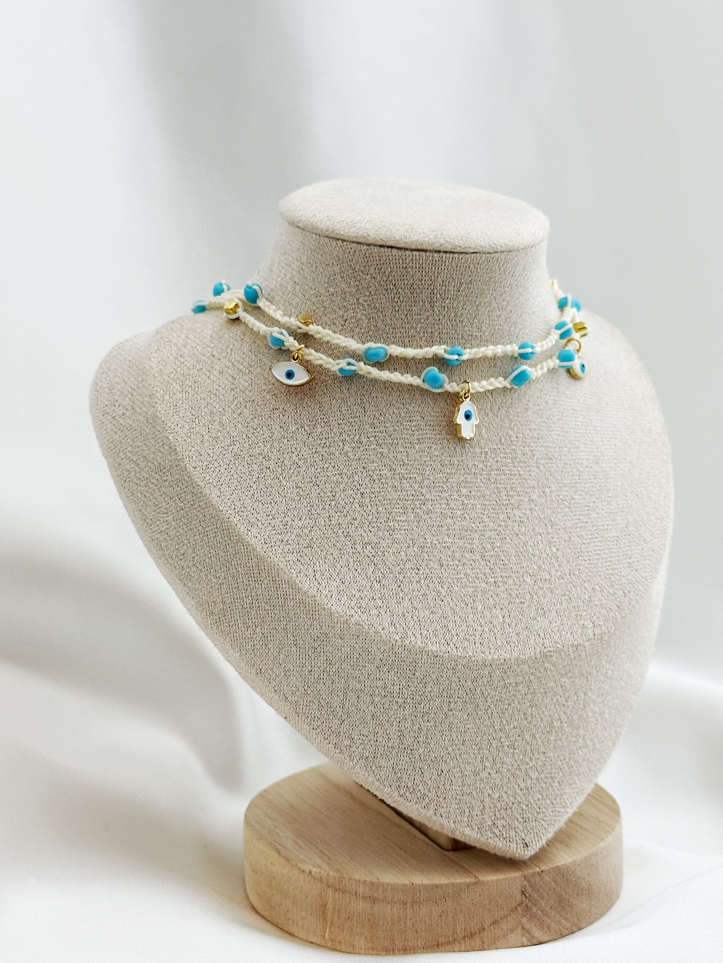 Hamsa Choker Makramee gehäkelt | Boho Halskette Evil Eye blau weiß handgemacht