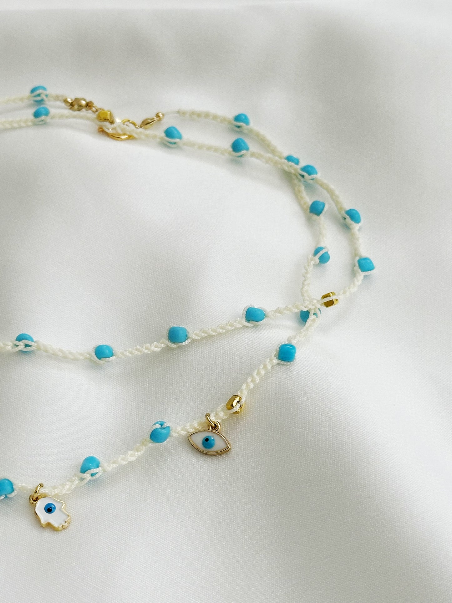 Hamsa Choker Makramee gehäkelt | Boho Halskette Evil Eye blau weiß handgemacht