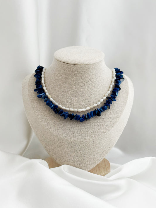Luna Mare Lapislazuli Perlmutt Kette Edelstahl – 2er Layering Halskette Blau Weiß