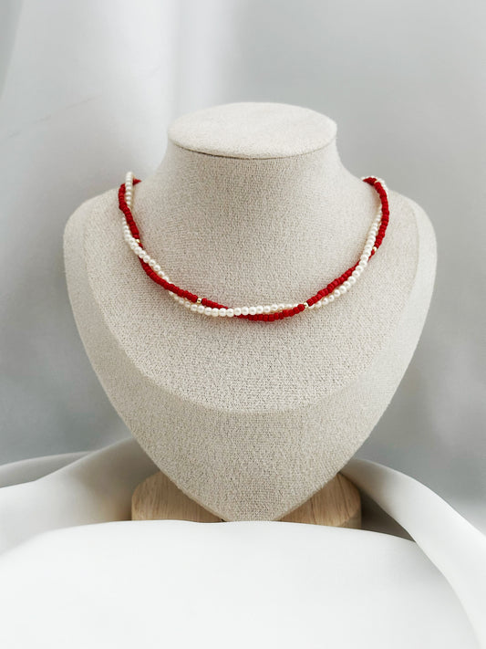Rote Ivory Perlenkette Damen, Doppelreihige rote Perlen Halskette, Cherry Pearl Schmuckdesign