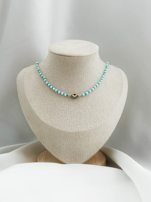 Türkise Perlenkette mit Nazar Auge
Evil Eye Halskette Damen
Aqua Eye Pearl Necklace
